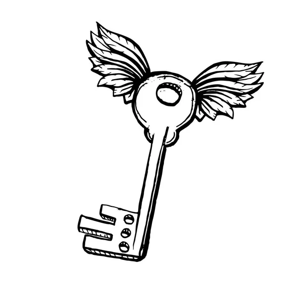 Door Key Two Wings Sketch Style — Stock Vector