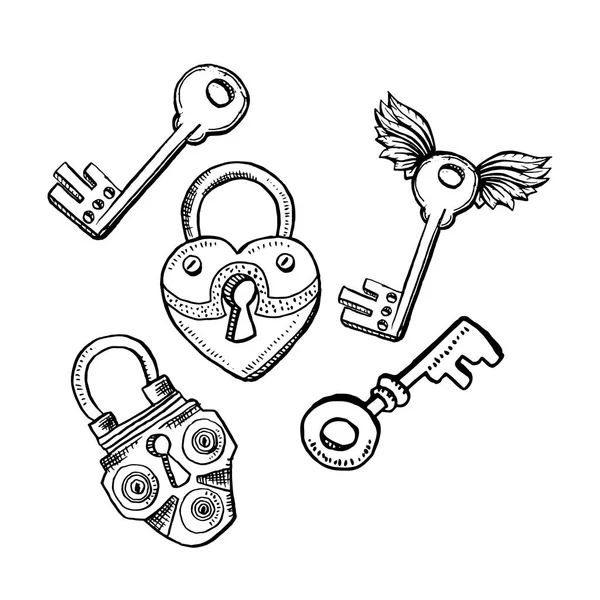 Door Locks Keys Sketch Style Isolated White Background — Stock Vector