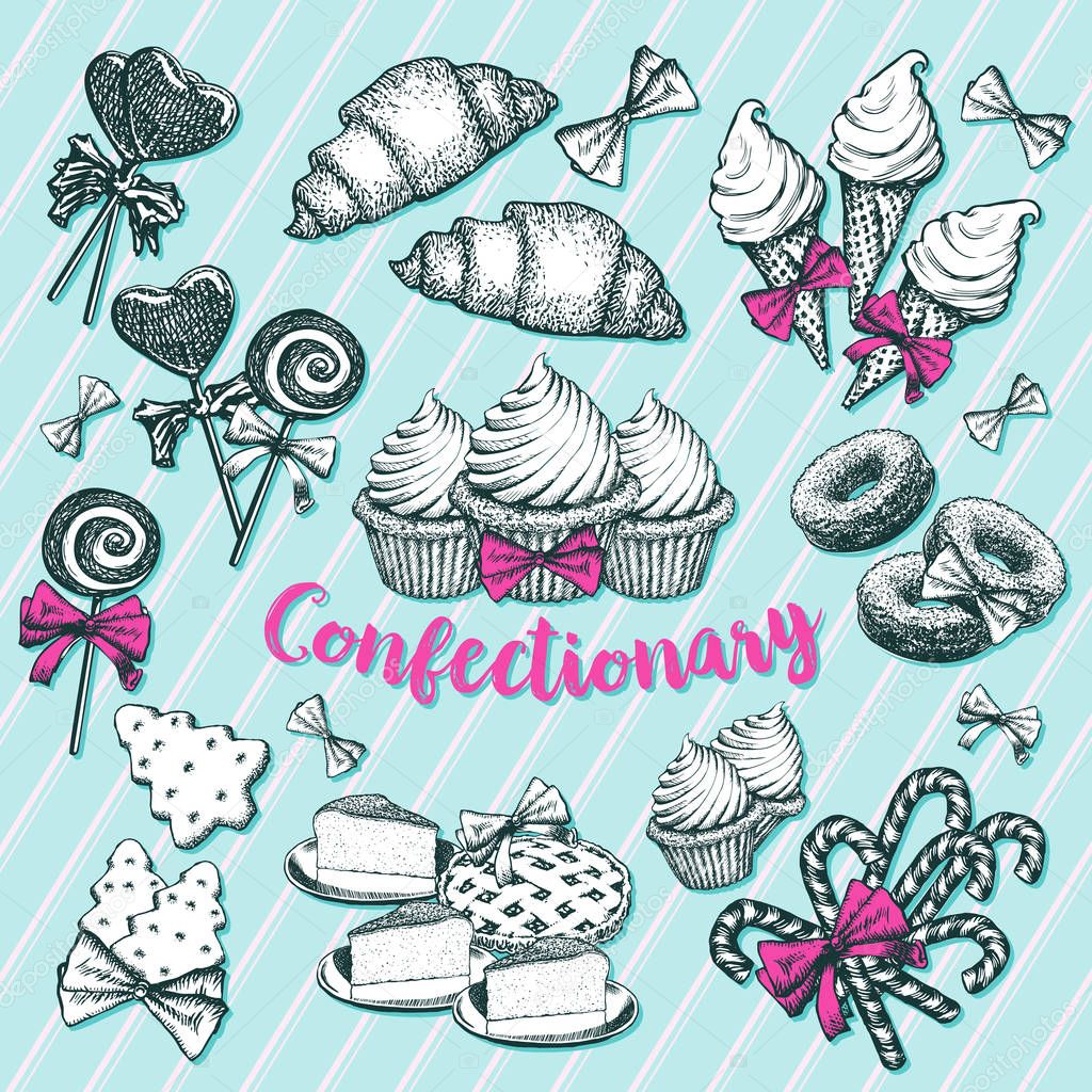 Confectionery banner delicious desserts on blue background.