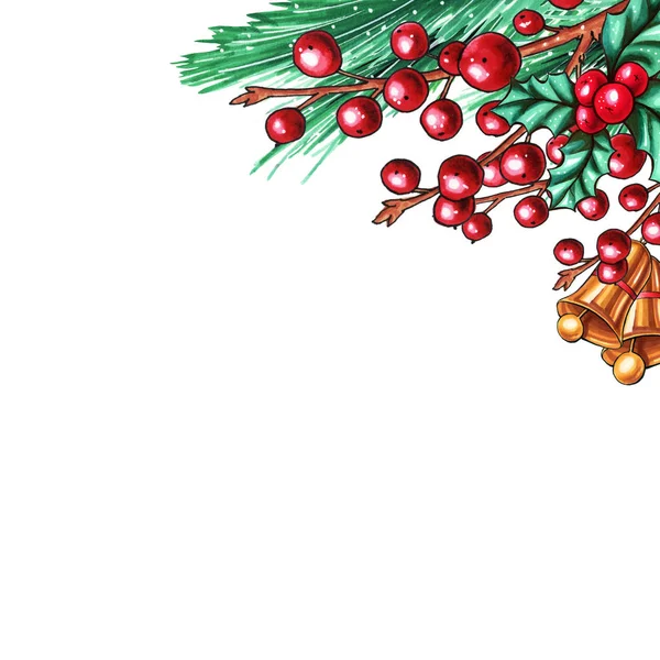 Agrifoglio Bacche Natale Ilex Frutto Ramo Natale Rosso Con Campane — Foto Stock