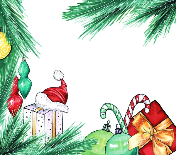 Kerst Nieuwjaar Achtergrond Met Geschenkdoos Santas Rood Hoed Cadeau Rasterillustratie — Stockfoto