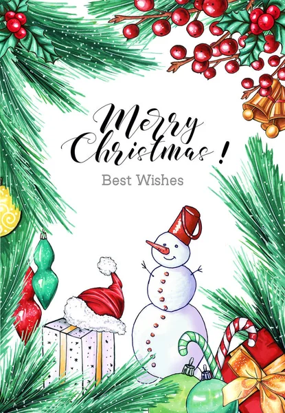 Merry Christmas greeting card template. Xmas calligraphic lettering idea. New year banner layout. Holiday decorations, gifts, snowman. Flyer, brochure, leaflet, poster design concept