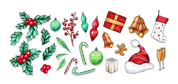 Vakantie Kerstfeest Decoratie Items Cartoon Kleur Geschenkdoos Champagne Sokken Bellen — Stockfoto
