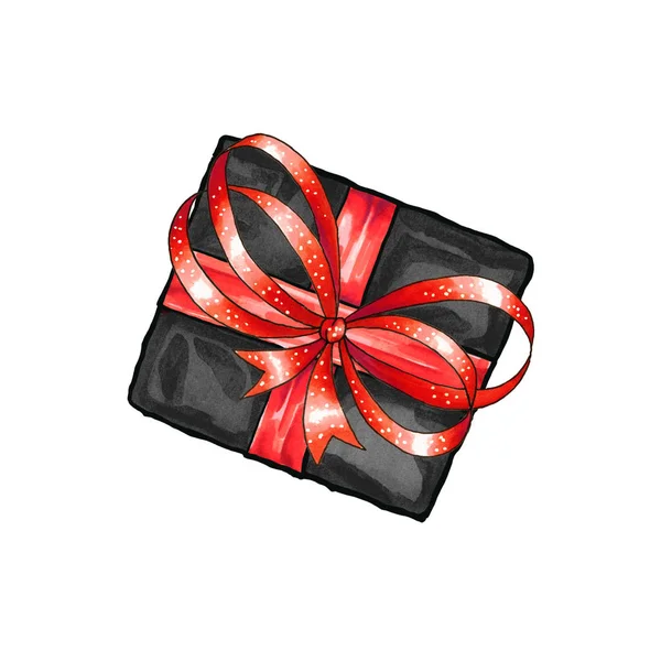 Kerst Nieuwjaar Zwart Patroon Geschenkdoos Illustratie Met Rode Strik Vrijstaande — Stockfoto