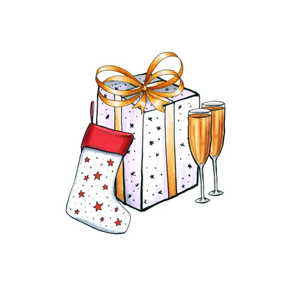 Christmas New Year Patterned Gift Box Illustration Freehand Drawing Isolated — 스톡 사진