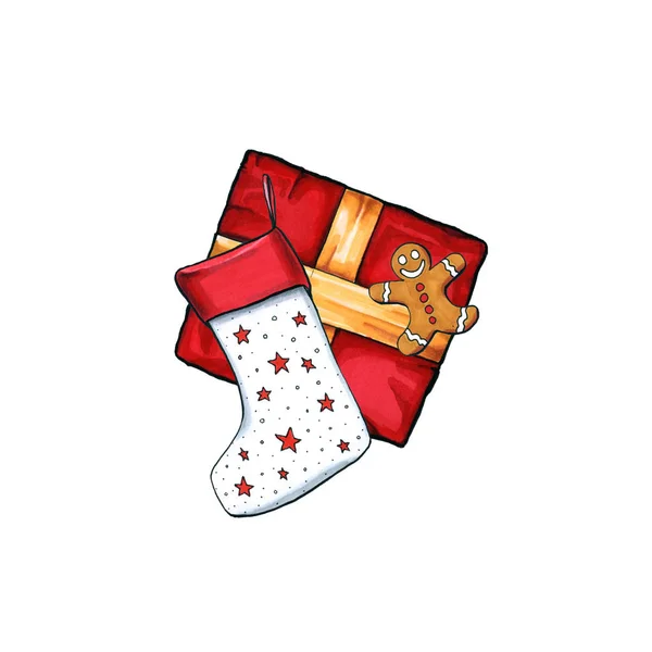 Illustration Boîte Cadeau Rouge Noël Nouvel Avec Chaussette Santas Motifs — Photo