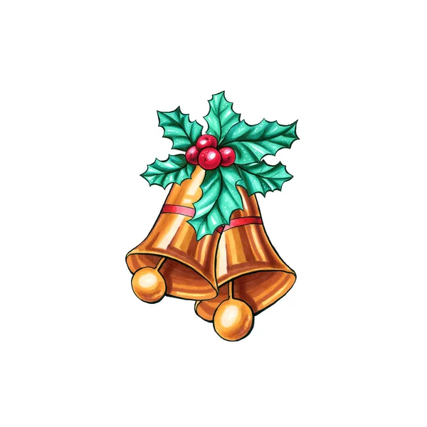 Christmas Decoration Xmas Bells Holly Berry Isolated Design Element Patch — 스톡 사진