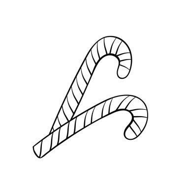 Karamel çubukları el çizimi vektör çizimi. Lezzetli çizgili baston şekerler boyama resmi. Geleneksel Noel şekerlemesi monokrom ana hatlı çizim. Mevsimlik, şenlikli şekerleme ürünü