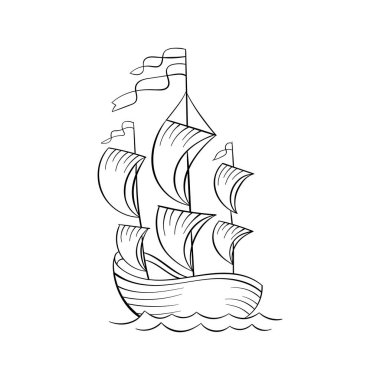 Yelkenli siyah-beyaz vektör çizimi. Yelkenli ve boyama kitabı için bayraklı kadim bir gemi. Dalgalar üzerine eski bir gemi. Seyahat acentesinin logosu. Seyahat turu poster tasarımı ögesi