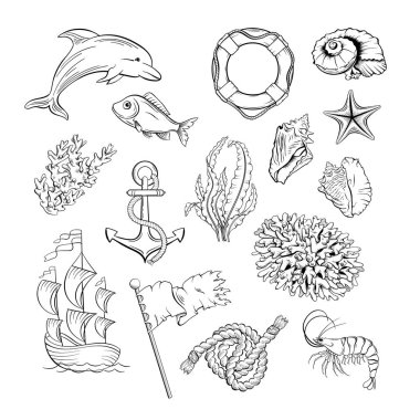 Denizci temalı siyah beyaz çizimler seti. Deniz bitkisi, fauna ve yelkencilik özellikleri el yapımı mürekkep kalem sembolleri paketi. Deniz hayatı, okyanus yaban hayatı, balık ve deniz kabukları dekoratif çizimler.