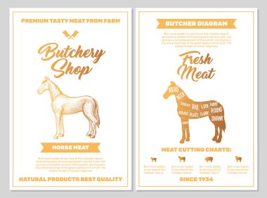 Beyazların Siyah Arazisinde Altın Renklerde At Et Kesme Tabelalarıyla Kasap Dükkanı Posteri. Vektör Dikey Yazdırma Şablonları. Elle çizilmiş Çiftlik Hayvanları Çizimi. Kasap Kılavuzu Diyagram Tasarımı