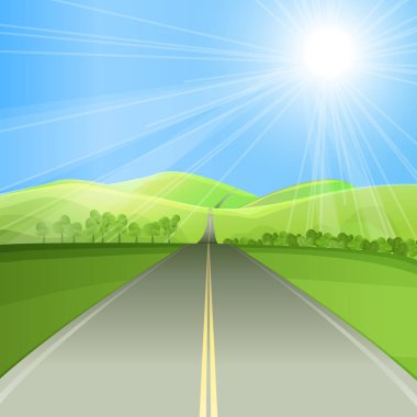 Yeşil Vadi düz vektör çiziminde yol. Yaz manzarası, ağaçlar ve çalılarla dolu boş bir otoyol. Zümrüt tepeler, parlak güneş ışınlı mavi gökyüzü. Güneşli yeşil tarlalı kırsal manzara