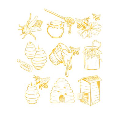 Bal Skeçleri Set, Arı Kovanı, Bal kavanozu, Varil, Esrar, Kaşık ve Çiçek Elli Logo İçin Organik Ürünler. Siyah kabartma elementleri. Vintage İzole Vektör İllüstrasyonu