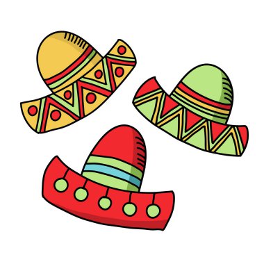 Cinco de mayonez komik bir şenlik aksesuarı ve sombrero ya da Meksika şapkası giyiyor. Latin Amerika 5 Mayıs kutlamaları bayraklar, çiçekler ve kaktüslerle. Şen Meksikalı Clipart