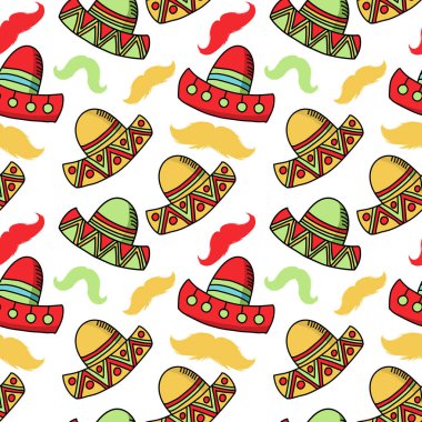 Cinco de mayonez komik bir şenlik aksesuarı ve sombrero ya da Meksika şapkası giyiyor. Latin Amerika 'nın 5 Mayıs kutlamaları. Şen Meksikalıların kusursuz vektör desenleri