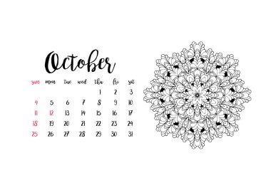 Ekim ayı için aylık masa takvimi 2020 yatay şablonu. Hafta Pazar başlıyor