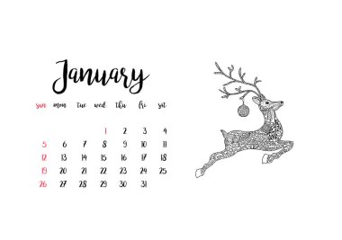 Aylık masa takvimi 2020 yatay şablonu Ocak ayı için. Hafta Pazar başlıyor