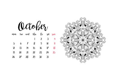 Ekim ayı için aylık masa takvimi 2020 yatay şablonu. Hafta Pazartesi başlıyor