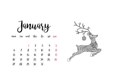 Aylık masa takvimi 2020 yatay şablonu Ocak ayı için. Hafta Pazartesi başlıyor