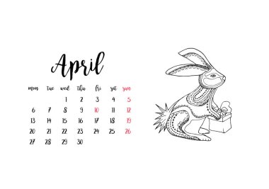 Nisan ayı için aylık masa takvimi 2020 yatay şablonu. Hafta Pazartesi başlıyor