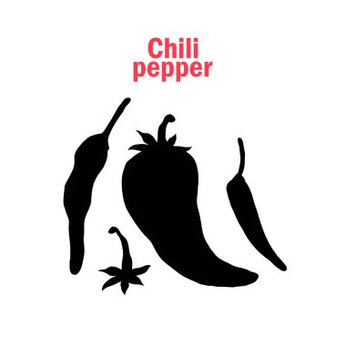 Sıcak kırmızı biberli siluet çizimi. Geleneksel Meksika yemek afişi şablonu. Baharatlı mutfak malzemeleri siyah vektör sembolleri ayarlandı. Doğal baharat, tipografili organik sebzeler.