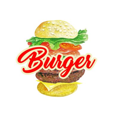 Klasik Burger İzole Vektörü. Hamburger ya da marul domatesli Amerikan çizburgeri ve harfli sığır eti illüstrasyonu. Fast Food Menü Konsepti. Muhteşem Sandviç King Boy.