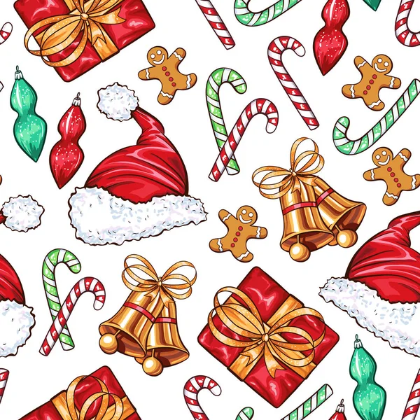Weihnachtsdekoration Elemente Nahtlose Muster Traditionelle Farbenfrohe Dekorationen Geschenkbox Socken Glocken — Stockvektor