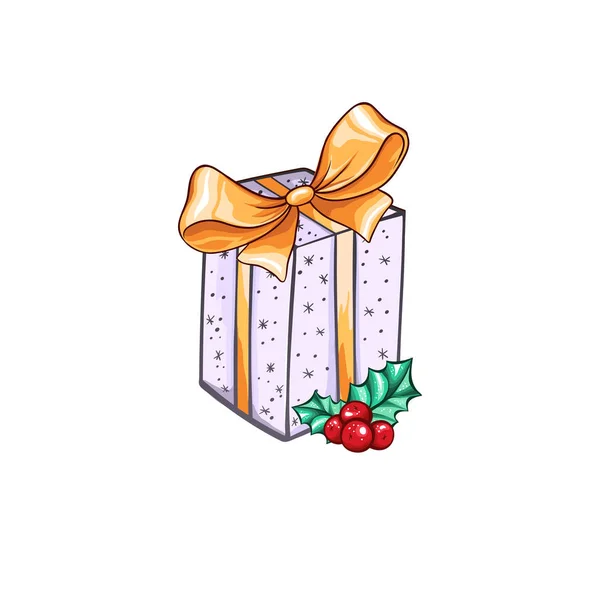 Weihnachten Oder Neujahr Gemusterte Geschenkbox Illustration Freihandzeichnung Isoliertes Vektordekor Für — Stockvektor