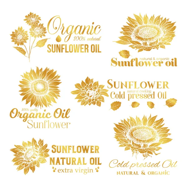 Golden Sunflower Oil Logos Set, Technology Logo Templates — Stock Vector