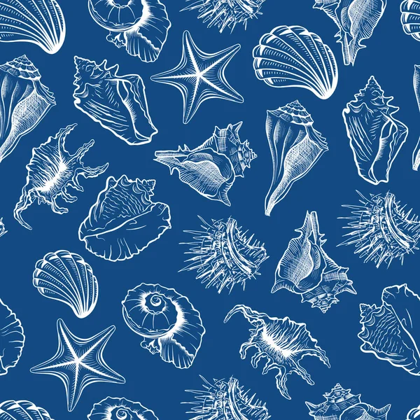 Seashells Vieiras Padrão Sem Costura Vetor Vida Marinha Animais Desenhos — Vetor de Stock