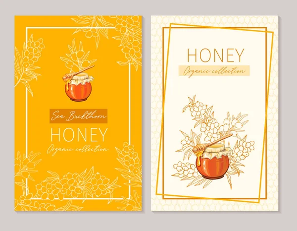 Honey Vintage Banners Design Engraved Sea Buckthorn Honey Flower Glass — 스톡 벡터