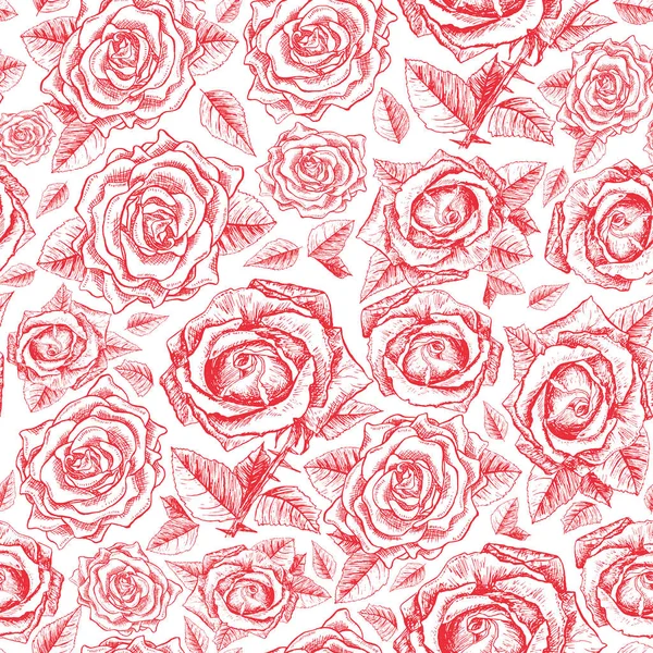 Rote Rosen Konturieren Nahtloses Muster Mit Skizze Handgezeichnete Blumen Für — Stockvektor
