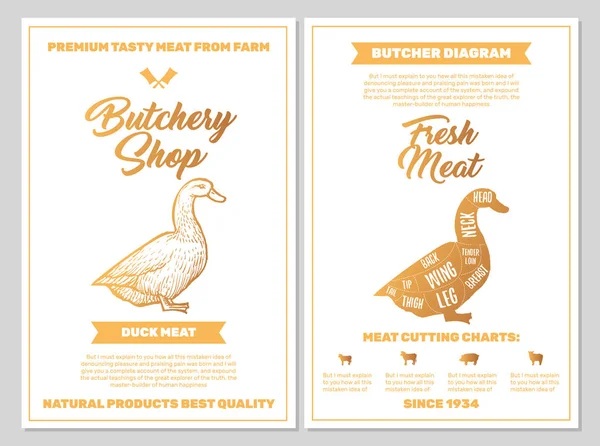 Cartel Carnicería Con Carnes Pato Cortando Cartas Colores Dorados White — Vector de stock