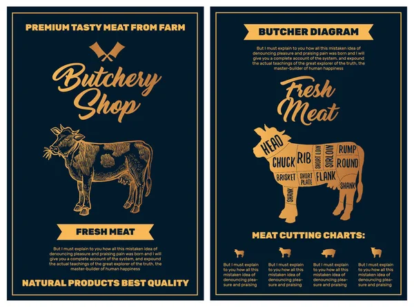 Butchery Shop Poster Cow Meat Cutting Charts Golden Colors Black — 스톡 벡터