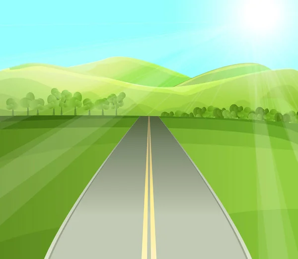 Carretera Valle Verde Ilustración Vector Plano Paisaje Verano Carretera Vacía — Archivo Imágenes Vectoriales