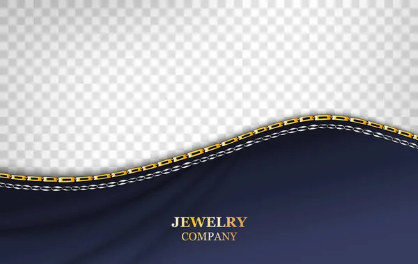 Jewelry Banner Realistic Vector Template Golden Shiny Chain Textile Blue — Stock Vector