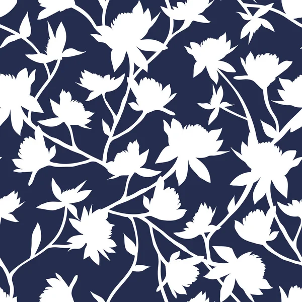 Kleeblumen Nahtloses Vektormuster Weiße Silhouetten Auf Dunkelblauem Trendfarbhintergrund Honigblüten Oberflächenstruktur — Stockvektor