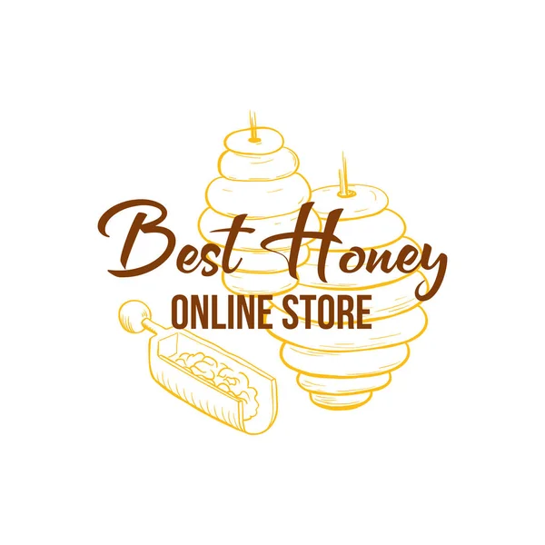 Honey Sketches Logo Bee Hive Honey Jar Barrel Pot Spoon — Stock vektor