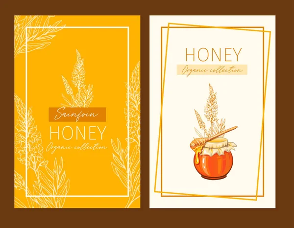 Sainfoin Honey Print Template Yellow Orange Banners Thanksgiving Holiday Packaging — 스톡 벡터