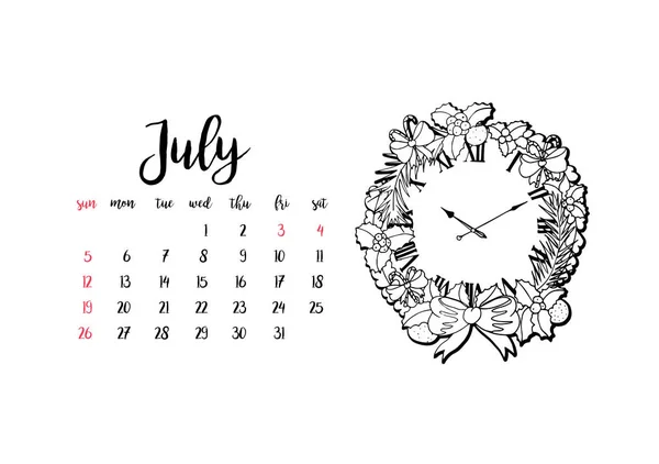 Monatlich Schreibtischkalender Horizontale Vorlage 2020 Für Den Monat Juli Woche — Stockvektor