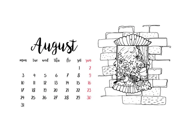 Monthly Desk Calendar Horizontal Template 2020 Month August Semana Começa —  Vetores de Stock