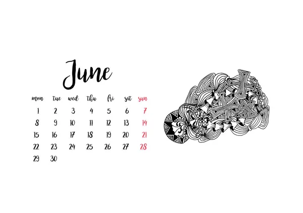 Monthly Desk Calendar Horizontal Template 2020 Month June Semana Começa —  Vetores de Stock