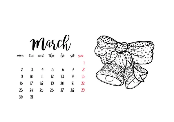 Monthly Desk Calendar Horizontal Template 2020 Month March Semana Começa — Vetor de Stock