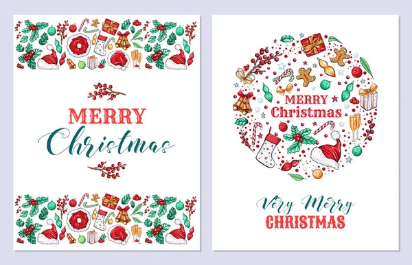 Christmas Holiday Greeting Cards Vector Templates Set New Year Postcards — Stock Vector