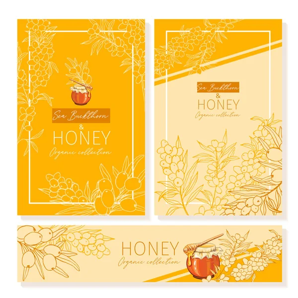 Honey Vintage Banners Design Engraved Sea Buckthorn Honey Flower Glass — ストックベクタ
