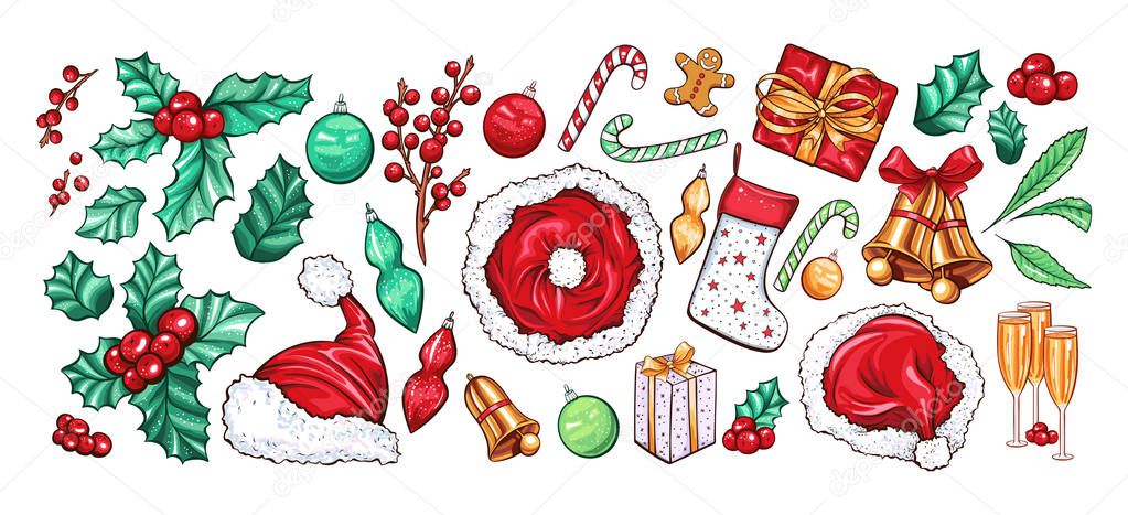 Holiday Xmas party vector decoration objects set. Cartoon color gift box, champagne, socks, bells. Holli Ilex, candy canes and santa claus hat. Christmas greeting card, poster design. New Year symbols