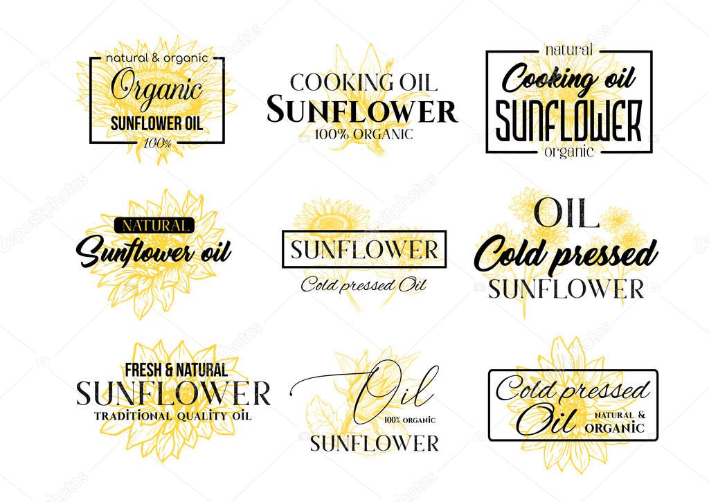 Sunflower Oil Logos Set, Technology Wildflower Logo Templates for Brabding Identty. Yellow and Black Vector Isolated Flowers Hand Drawings with Lettering and Frames