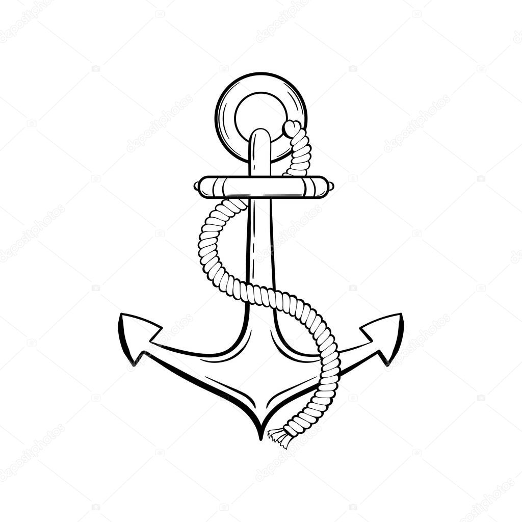 Anchor with rope black ink vector illustration. Sea boat, yacht, ship safety equipment sketch. Ancient anchor vintage engraving. Marine adventure symbol. Sailing club logo, poster design element