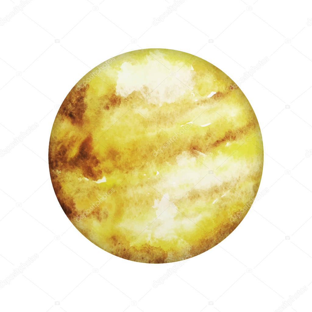 Planet Venus Isolated Yellow Watercolor Stain, Spot On White Background. Abstract Hand Drawn Illustration. Globe Or Circle With Paint Splash Texture Isolated.