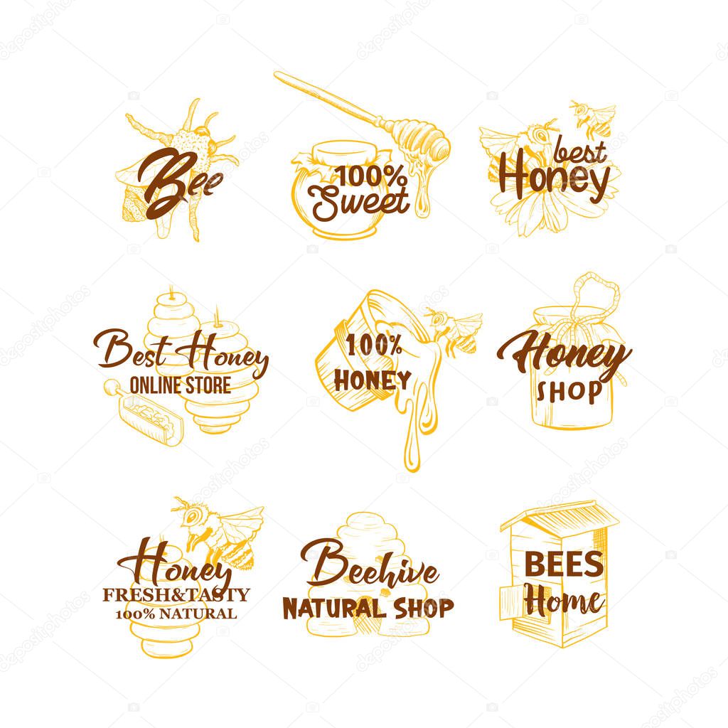 Honey Sketches Logos Set, Bee Hive, Honey Jar, Barrel, Pot, Spoon and Flower Hand Drawn Organic Products for Logotype. Outline Isolated Vector Templates for Brand Identity with Lettering.